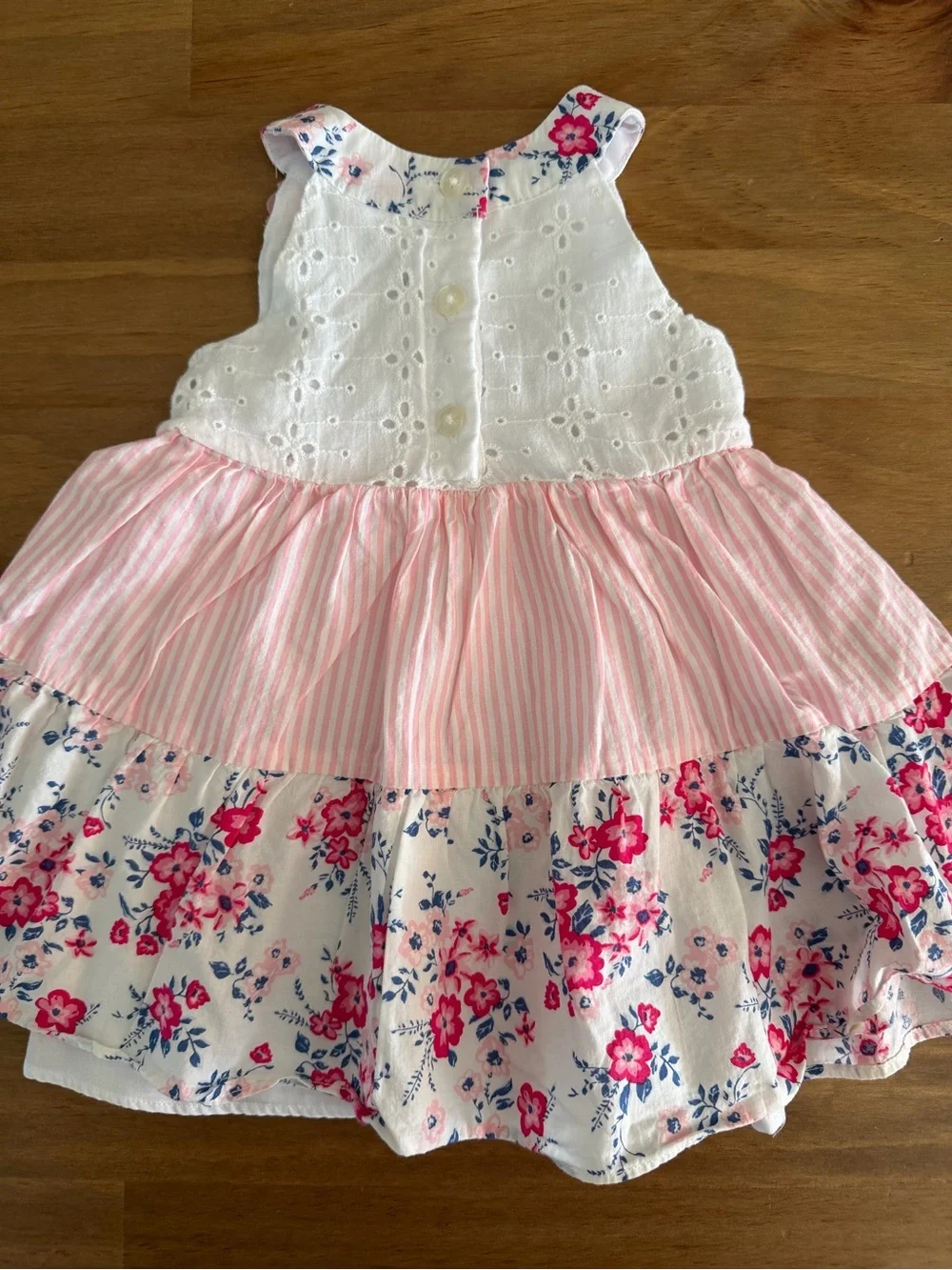 Girls Pink & White Floral Tiered Eyelet Dress Size 6-9M